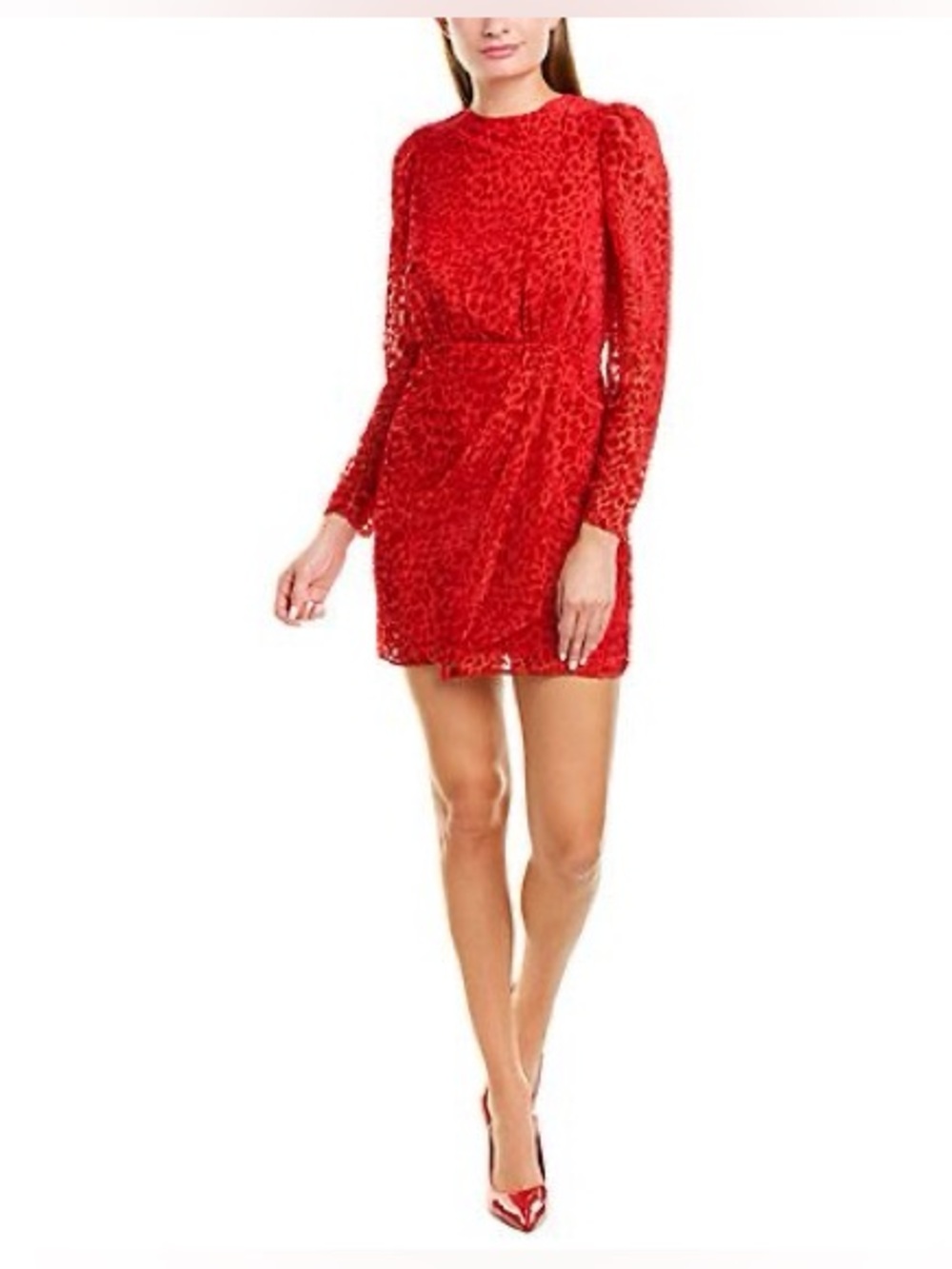 THE KOOPLES Red Velvet Leopard-Texture Long-Sleeve Mini Dress Size 2